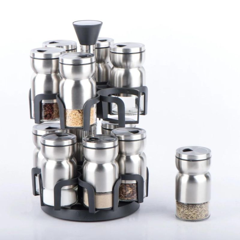 12PCS 115ml Glass Spice Jar Shaker with Stainless Steel Casing and Plastic Revolving Rack
