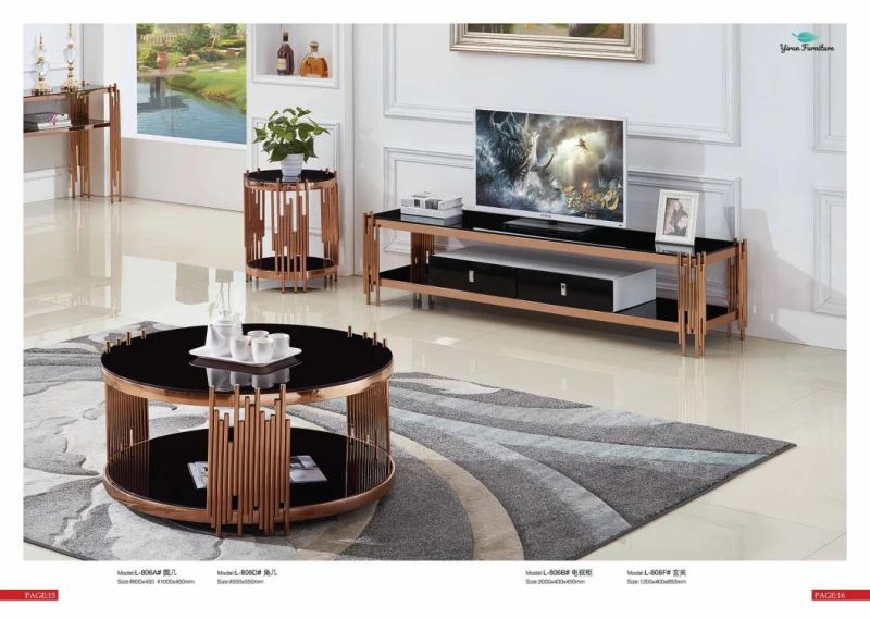 Modern Times Glass Stainless Steel Living Room Furniture Gold or Silver Round Coffee Table Marble Ends Table