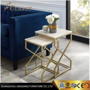 Square Natural Marble Sidetable with Metal X-Cross Legs Stackable Set Furniture