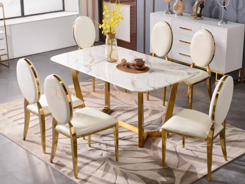 Hot Sale Modern Stainless Steel Home Dining Furniture Glass Dining Table China Factory Wholesale Event Party Wedding Use White Chair