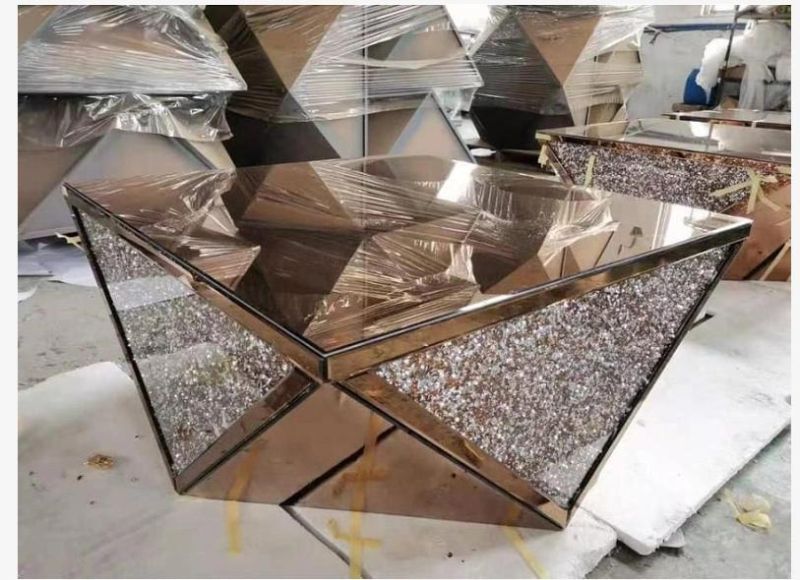 Living Room Mirrored Furniture Glass Top Hollow Diamond Crushed Center Coffee Table