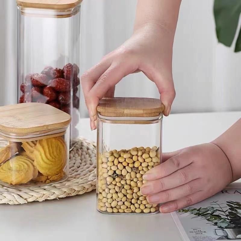 Airtight Leakproof Food Kitchen Spice Coffee Pasta Honey Storage Bottles Borosilicate Glass Jar Container Bamboo Wooden Lid