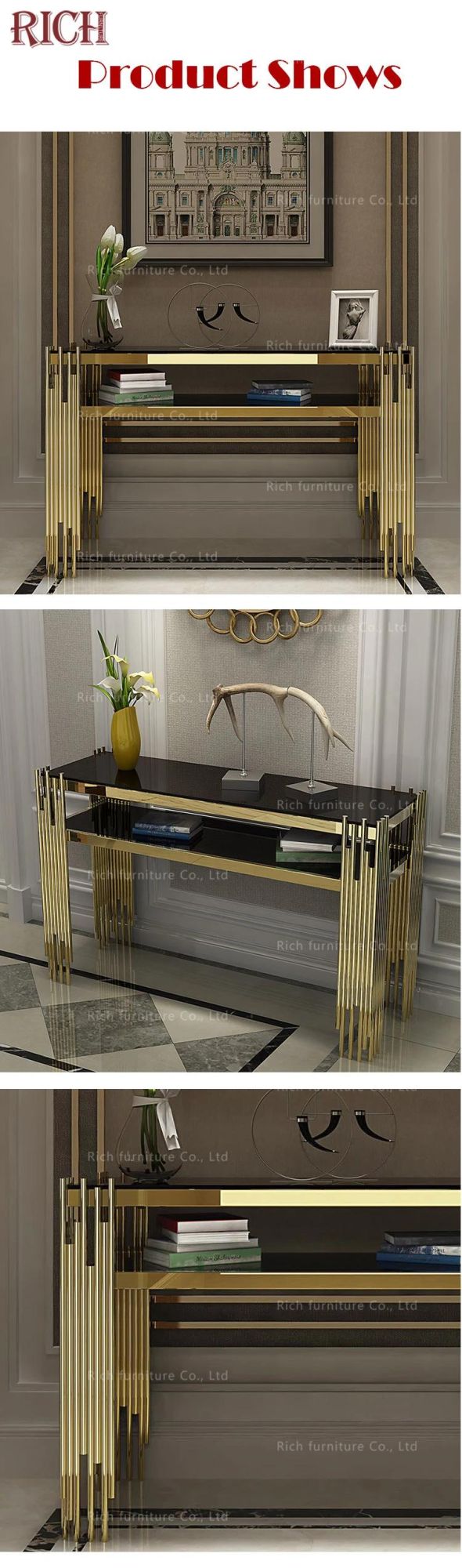 Luxury Entryway Table Gold Stainless Steel Legs Rectangle Narrow Glass Console Table