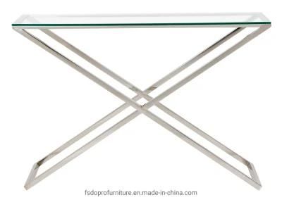 Rectangular Cross Stainless Steel Pillar Console Table with Glass Top