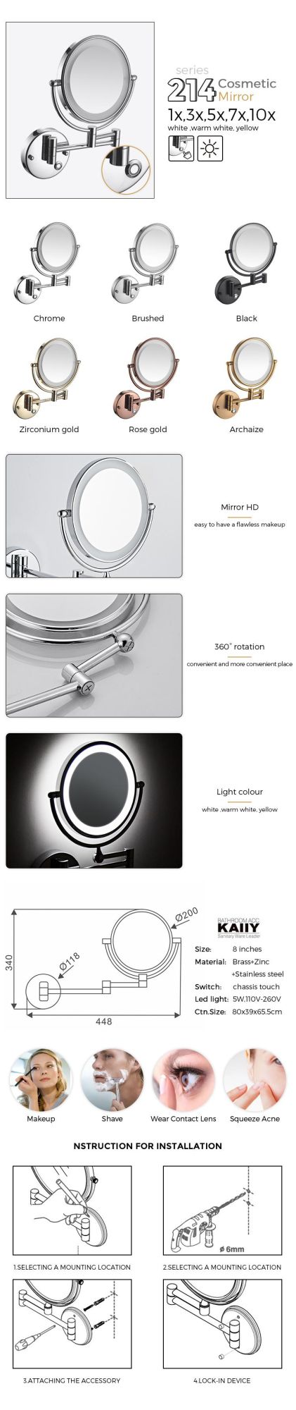 Kaiiy Colorful Modern Stainless Steel Wall Mounted Bathroom Accessories Dual Arm Extend Bath LED Mirrors