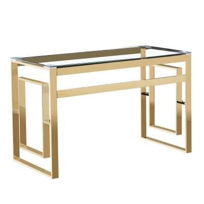 Luxury Design Hotel Restaurant Furniture Clear Glass Golden Stainless Steel Leg Dining Table