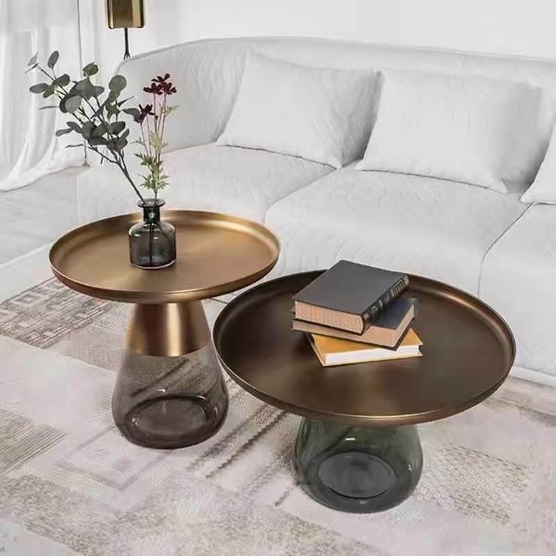 Removable Round Chrome Brass Top Coffee Table Transparent Glass Base Round Shape Tray Coffee Center Table