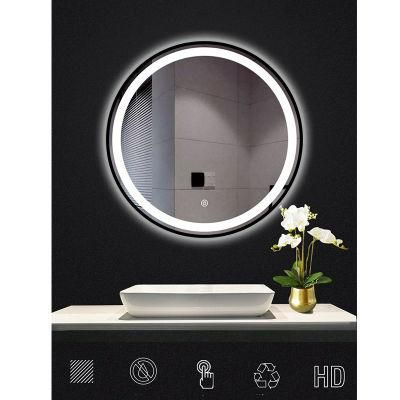 Smart Bathroom Touch LED Luminous Mirror Metal Frame Round Hotel Bathroom Anti-Fog Wall Mirror