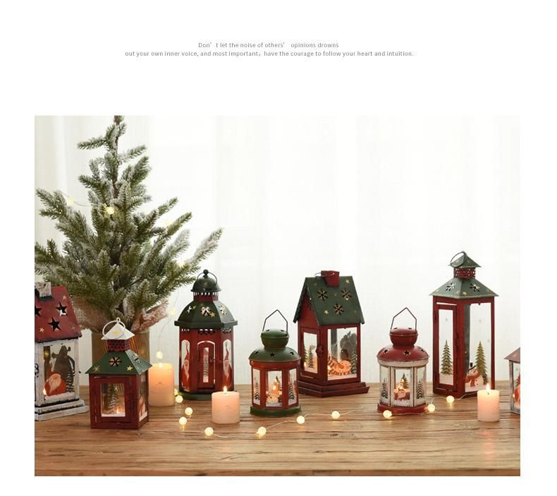 2021 Hot Sale Retro Lanterns Wrought Iron Glass Ornaments Christmas Candle Holder
