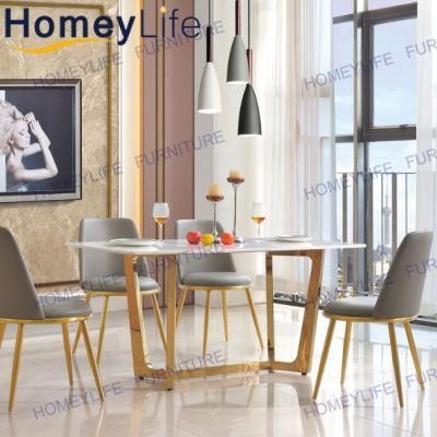 China Manufacture Stylish Marble Golden Metal Home Dining Table with Chairs