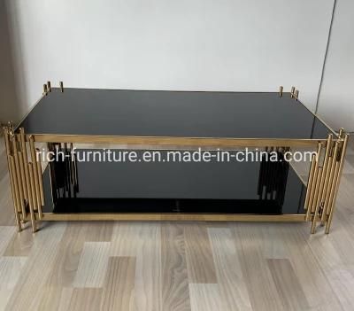 2 Tier Stainless Steel Long Marble Glass Rectangular Coffee Table for Living Room