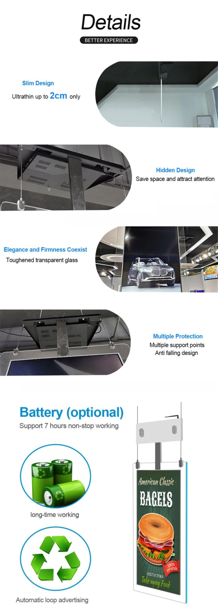 43 Inch 55 Inch Double-Sided Screen Hanging LCD Display for Shop Window, Glass Wall, Showcase