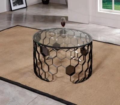 Side Table Glass Round Coffee Table Stainless Steel Modern Bedroom Bedside Table, Wrought Iron Frame Solid Support