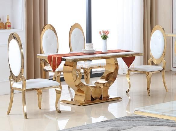 Modern Indoor House Furniture Dining Table with White Stone Top New Wedding Furniture MDF Top Black Dining Table