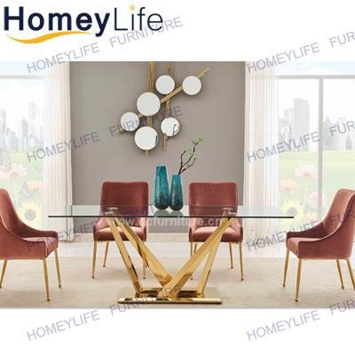 Tulip Hotel Mirrored Golden Metal Glass Dining Table with Chairs Furniture