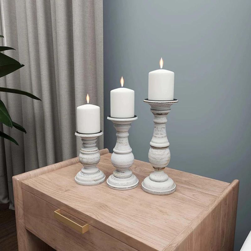 Traditional Mango Wood Candle Holder Pillar Candle Holders Decorative Candlestick Holder for Home Decor Wedding Dining White/Rose Blush