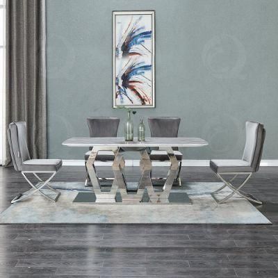 Home Furniture Silver Metal Marble Dining Table Set with 8 Seaters
