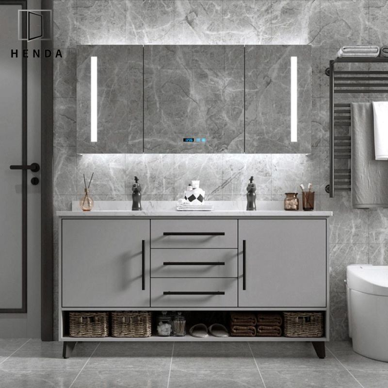 Modern Style Vanity Set Cold&Heat Tap Ceramic Basin Solid Wood Bathroom Cabinet