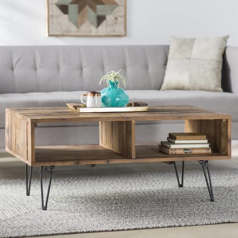 Natural Solid Wood Storage Coffee Table Furniture with Metal Leg for Living Room