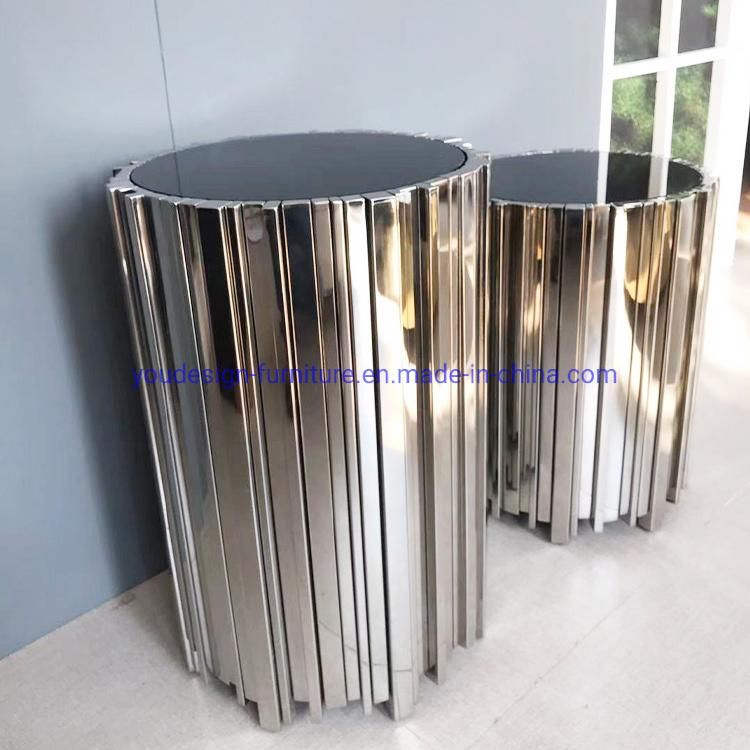 Living Room Silver Stainless Framed Glass Round Coffee Table Set Sofa Back Side Table Furniture