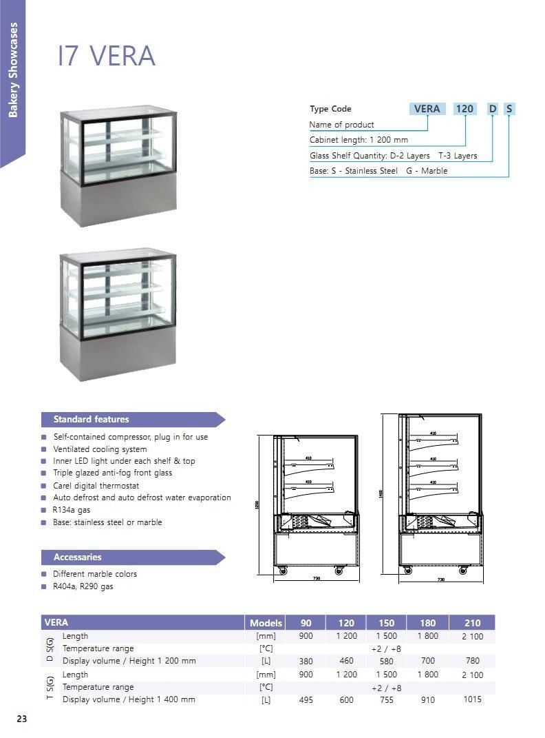 LED Light Refrigerated Pastry Showcase with Anti-Fog Square Glass