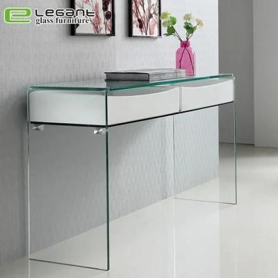 Bent Glass Console Table with Glass Shelf and High Gloss White Painting MDF Drawers