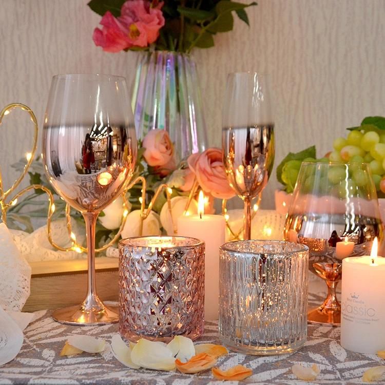 Wholesale Electroplate Pink Color Lanterns and Candle Jars Cylinder Glass Candle Holder for Wedding, Pink Golden Spotted Mercury Glass Candle Holder