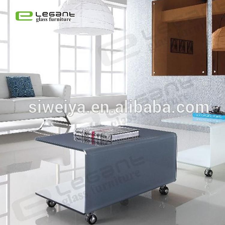 Office C Shape Round Wheels Bent Glass Side Table