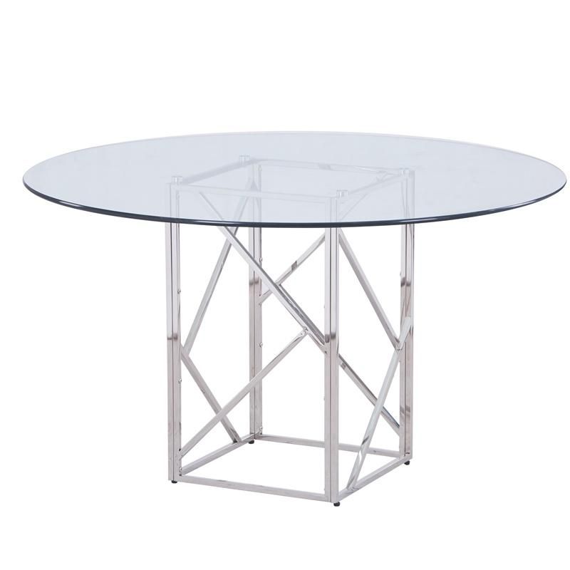 Customized Round Toughened Clear Tempered Glass Dining Table with Stainless Steel Frame