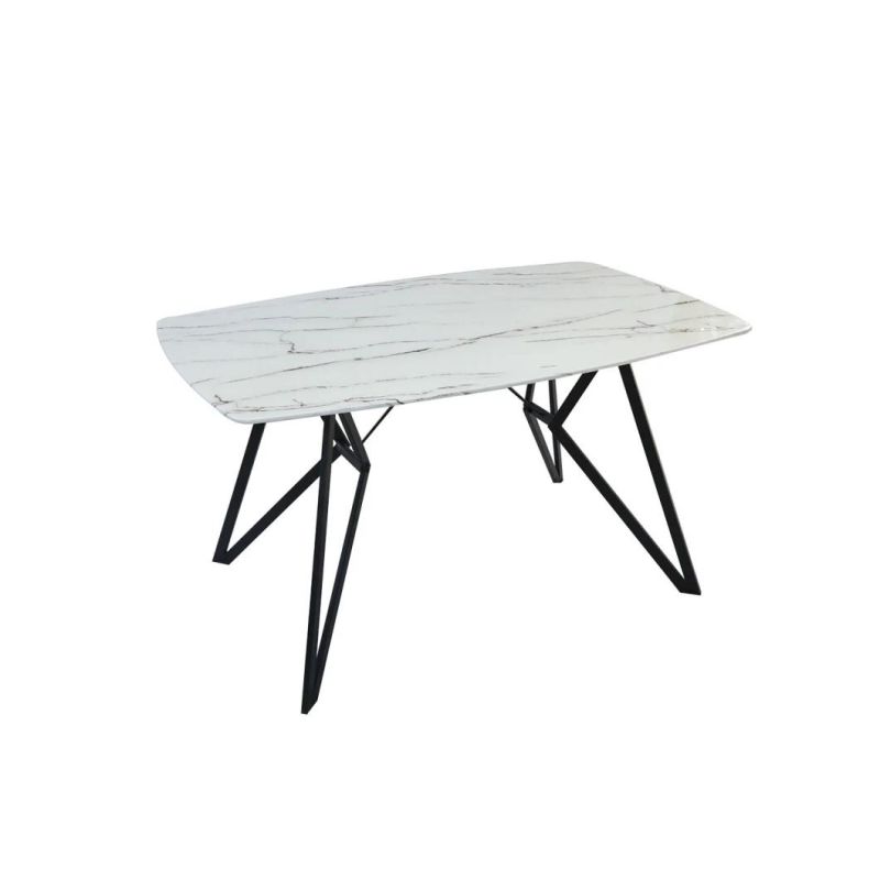 Home Outdoor Furniture Modern Tempered Glass Marble Effect Dining Table with Coated Steel Tube Leg