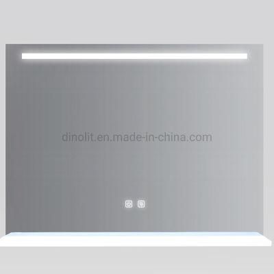 Modern Design Smart Bath Wall Vanity Mirror Waterproofed Bathroom LED Illuminated Glass Dimming Mirror with Shelf Touch Switch CE ETL IP44