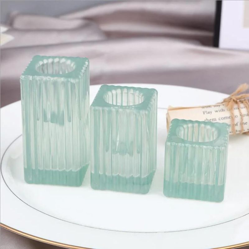 Vss Embossed Square Tall Taper Glass Candle Holder for Table Decorative