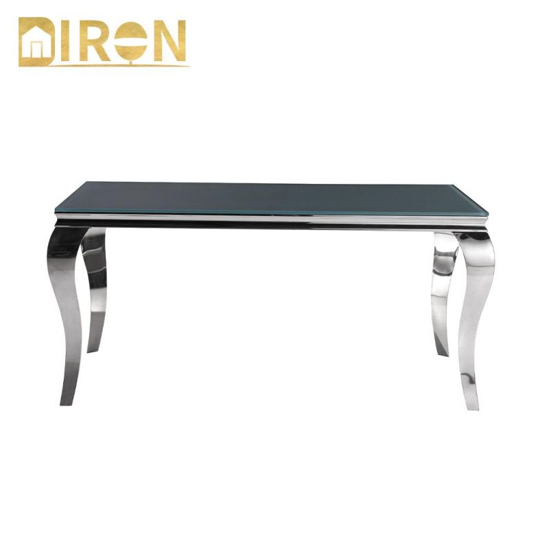 New Design Modern Style Clear Stainless Steel Polished Silver Dining Table with Tempered Glass or Art Marble Table Top