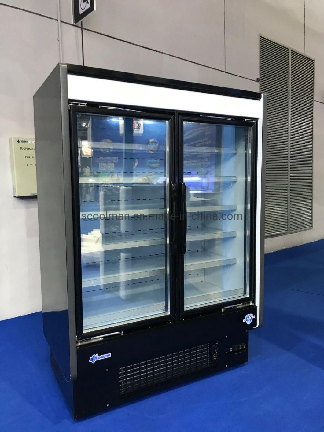 Commercial Supermarket Vertical Beverage Cooler Cold Drink Fridge Double Glass Door Showcase Display Refrigerator