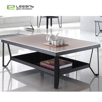 Rectangle Painting Glass Coffee Table with Black Coated Iron Base
