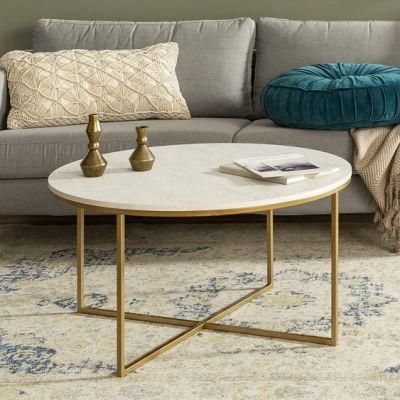 Istudy Modern Marbling Round Tea Table Sofa Side Simple Wrought Steel Coffee Table with Golden Frame