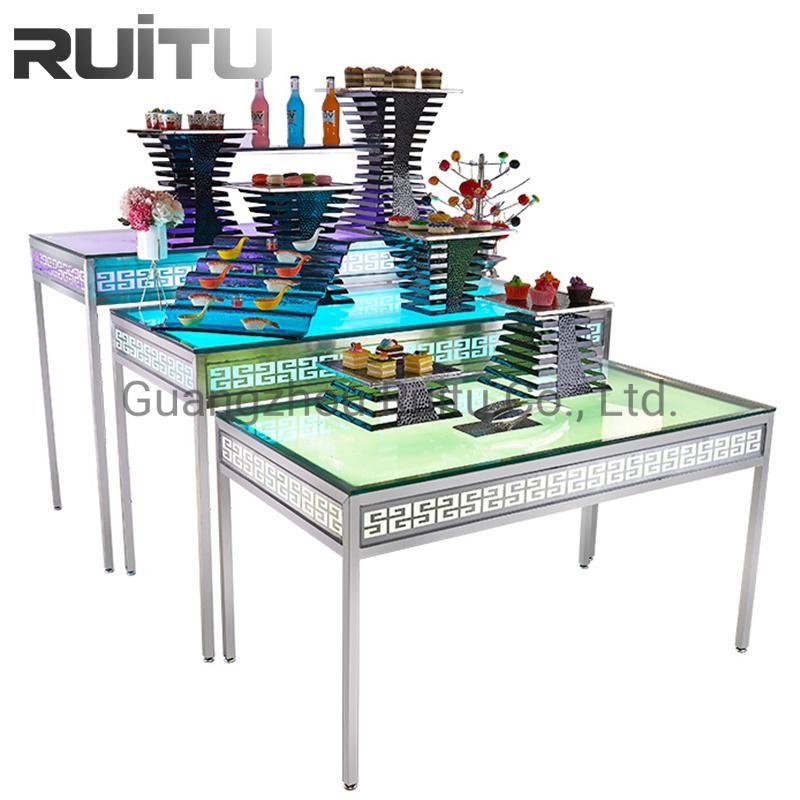 3 Piece Set Mobile Buffet Food Counter Banquet Hotel Party Banquet Food Display Station Stand LED Colorful Tempered Glass Top Catering Buffet Table