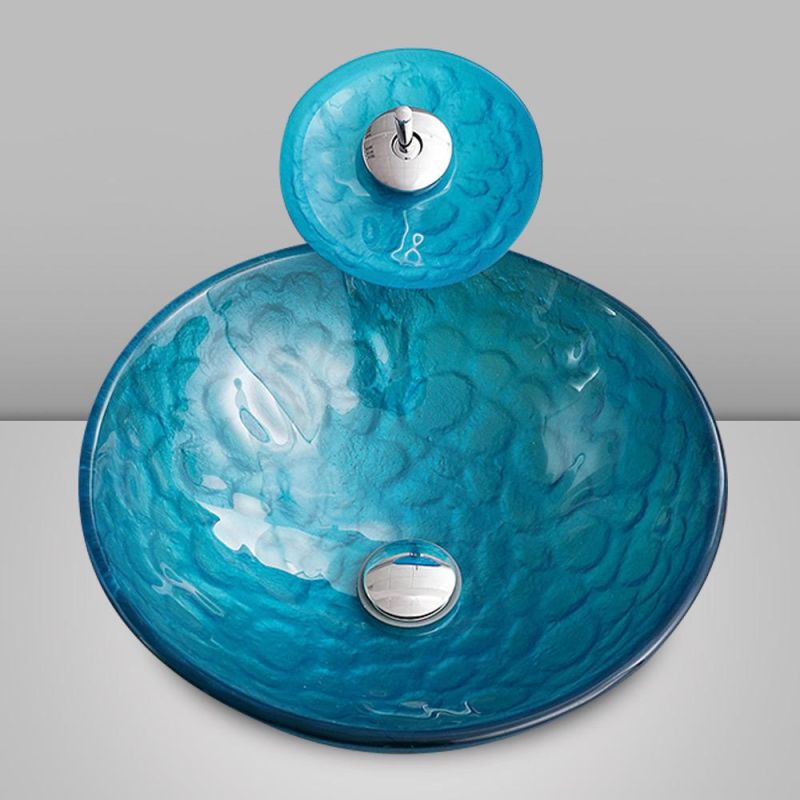 Factory Wholesale Luxury Ocean Blue Round Glass Basin Washbasin Cabinet Sinks Art Hand Wash Basins Bathroom Wash Basin