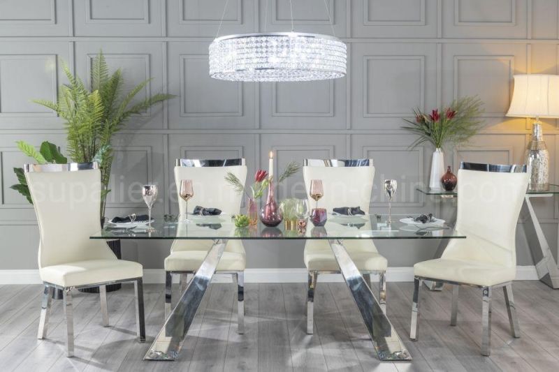 Rectangular Tempered Glass Dining Room Table Stainless Steel Home Furniture