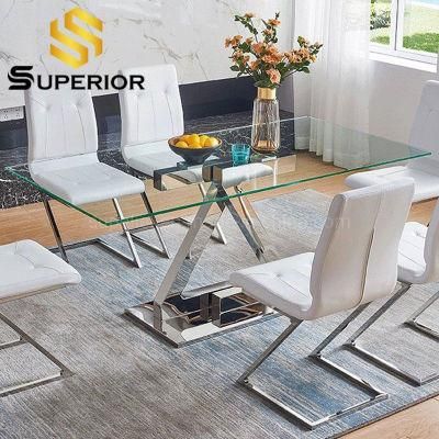 Modern Dining Room Furniture Rectangular Glass Top Steel Dining Table