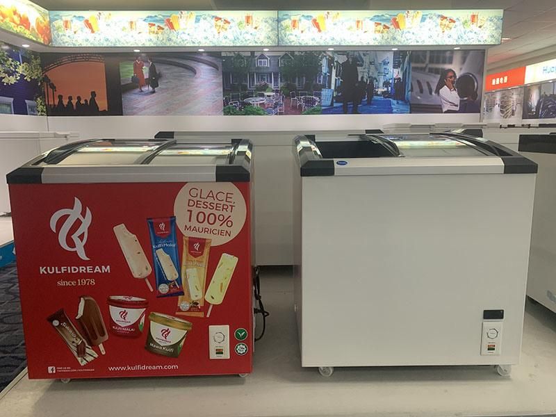 Supermarket Commercial Dual Curved Sliding Glass Door Ice Cream Showcase Display Refrigerator Freezer