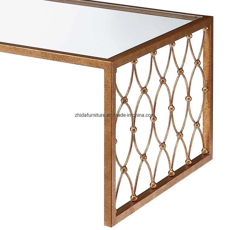 Living Room Furniture Gold Color Modern Metal Pattern Glass Top Long Coffee Table