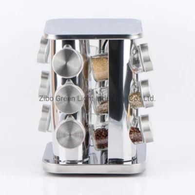 12PCS Glass Spice Jar Shaker Set with Stainless Steel Vevolving Rack