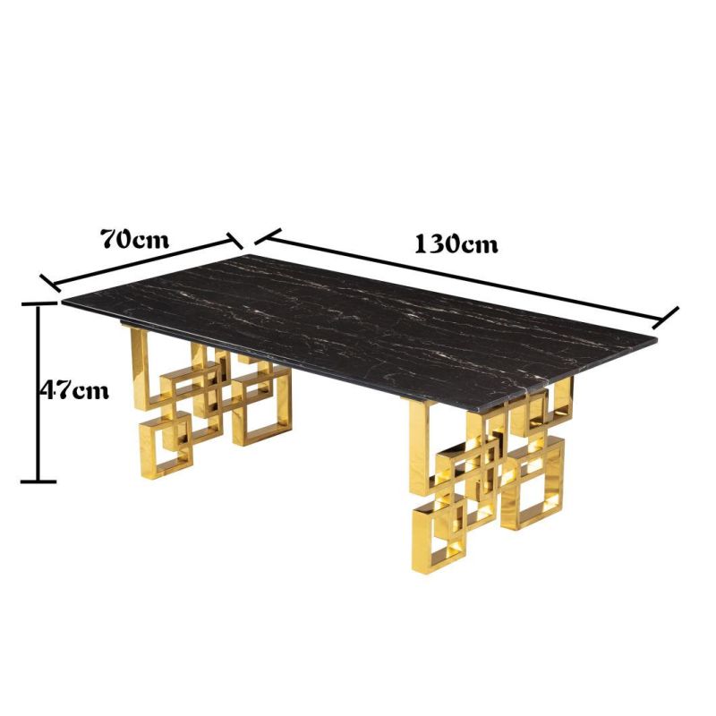 Two Golden Stainless Steel Feet Style Modern Black Marble Top Coffee Table for 6-8 People