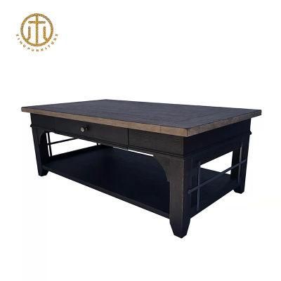 Home Furniture Rectangle Antique Solid Wood Coffee Table with Drawer and Shelf, Customized Wholesale