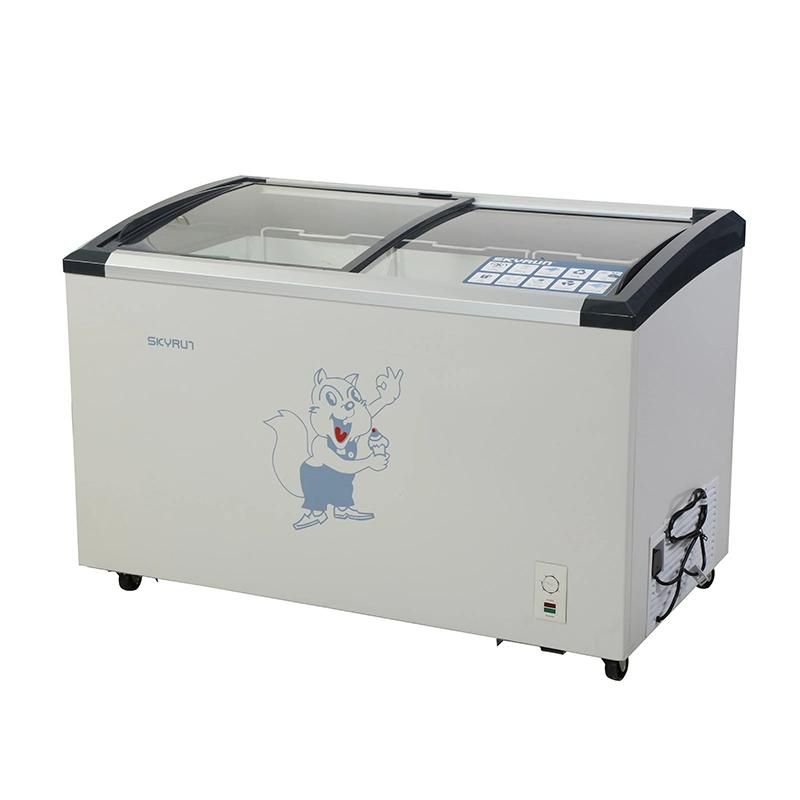 China Manufacturer 220V Supermarket Ice Cream Showcase Freezer Curved Glass Door Horizontal Chest Freezer Sdx-458