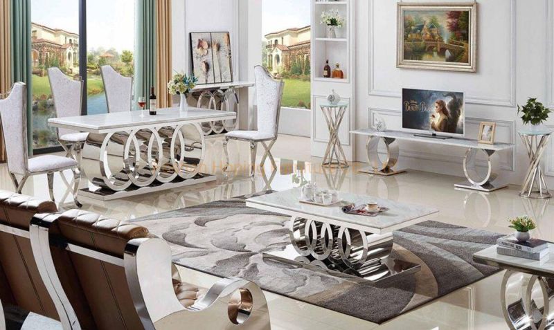 White Gold Living Room Set Artificial Marble Living Room Center Table Coffee Table