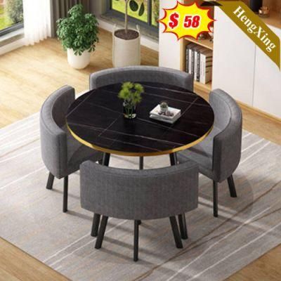 Modern Restaurant Furniture Black Steel Frame Grey Marble Round Dining Table with Metal Legs