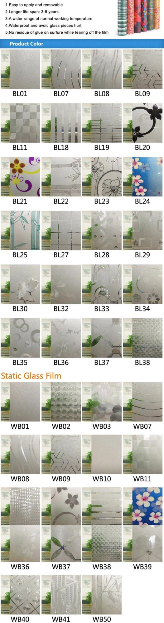 Crystal Static Decorative Plastic Privacy Window Films for Glass with Adhesive Heat Control Anti UV