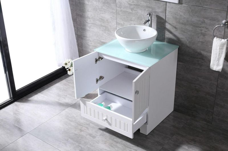 24" Bathroom Cabinet PVC Vanity Ceramic Vessel Sink Glass Top W/Mirror Set White Bathroom Furniture